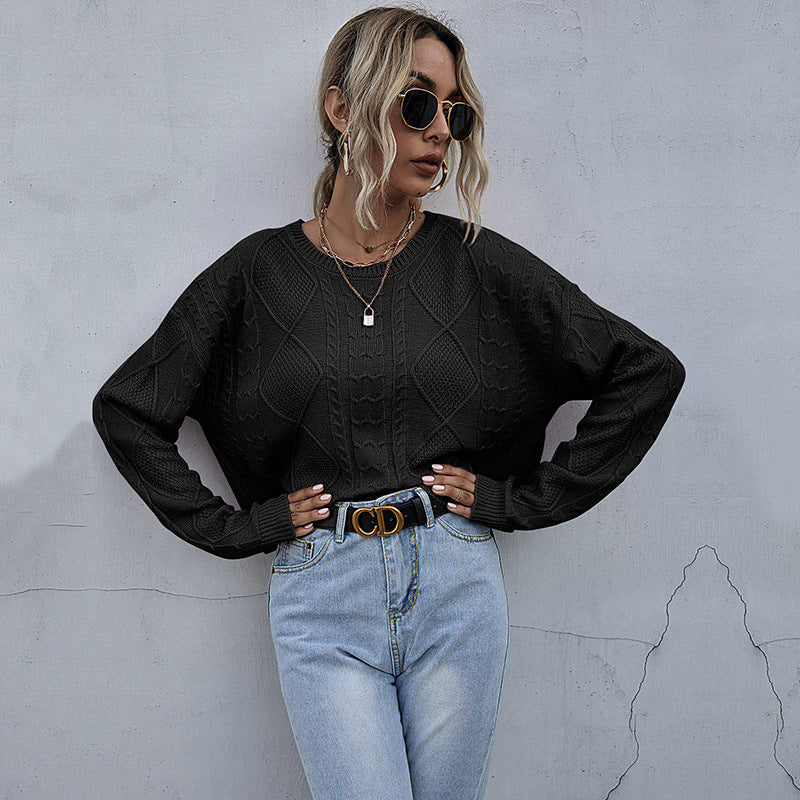 Damen Oversized Strickpullover mit Zopfmuster und Rundhalsausschnitt Nord Taschen
