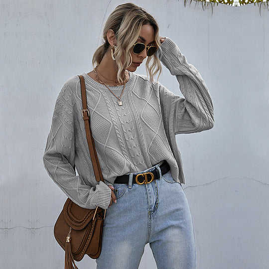 Damen Oversized Strickpullover mit Zopfmuster und Rundhalsausschnitt Nord Taschen