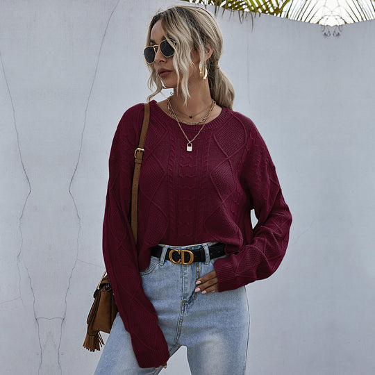 Damen Oversized Strickpullover mit Zopfmuster und Rundhalsausschnitt Nord Taschen
