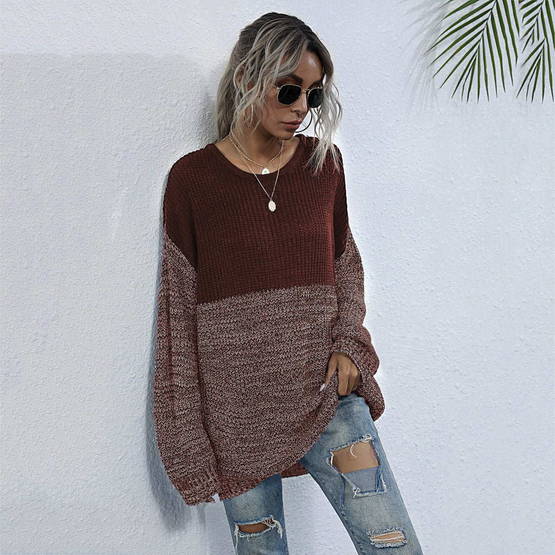 Damen Oversize Strickpullover mit Colorblock-Optik, rundem Ausschnitt und melierter Strukturstrick Nord Taschen