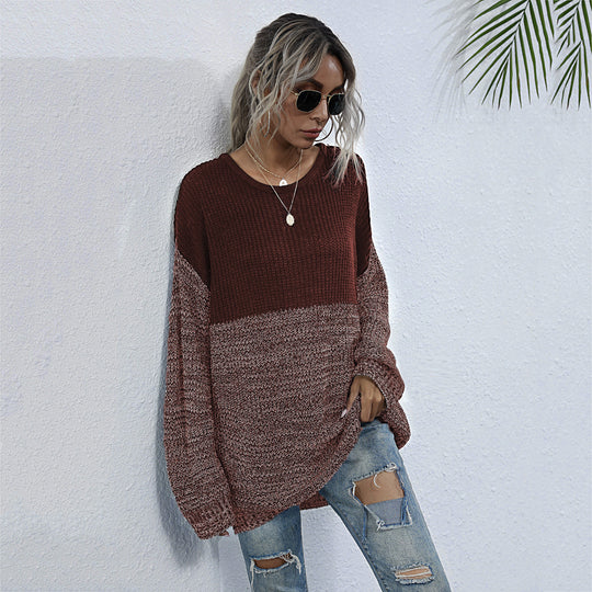 Damen Oversize Strickpullover mit Colorblock-Optik, rundem Ausschnitt und melierter Strukturstrick Nord Taschen