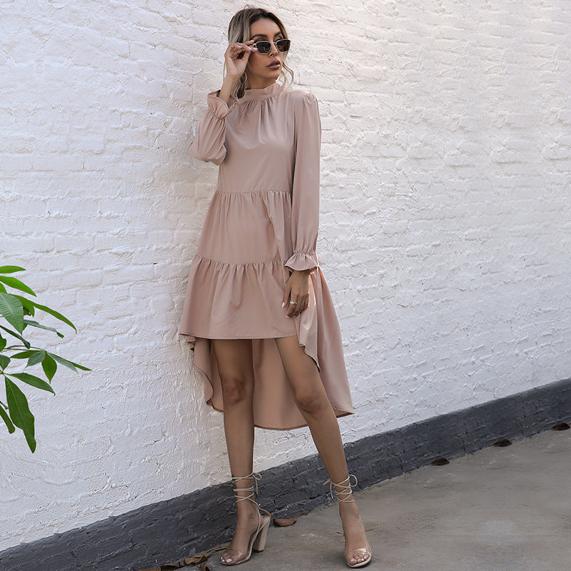 Damen Asymmetrisches Stufenkleid mit Stehkragen und geraffter Taille Nord Taschen