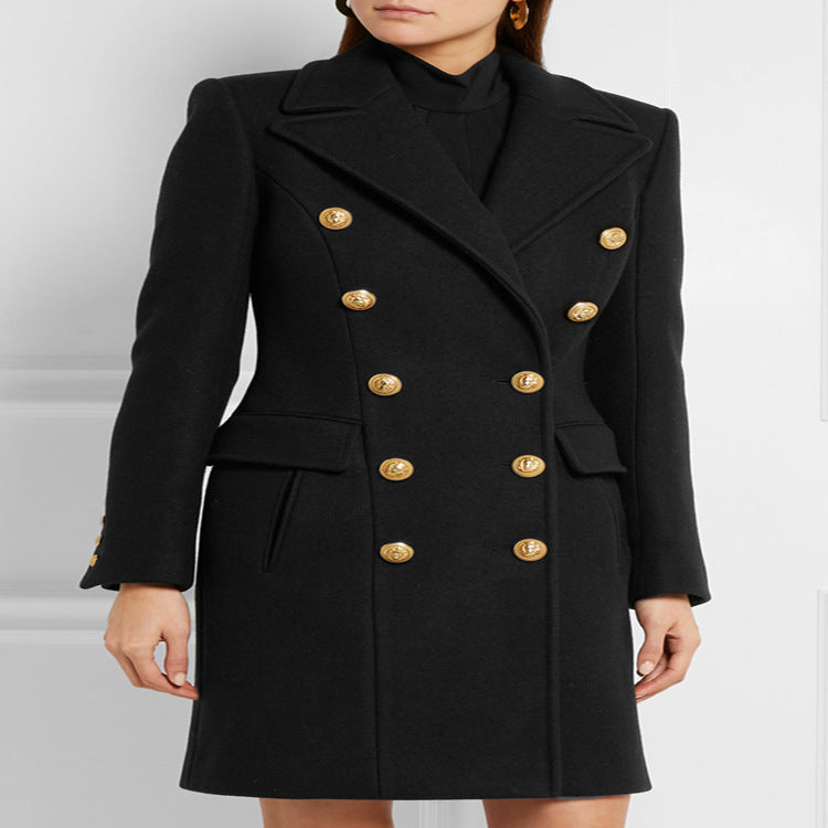 Damen Wollmix‑Longcoat im Marine‑Tailoring mit konturierter Taillierung und goldenen Zierrundknöpfen Nord Taschen