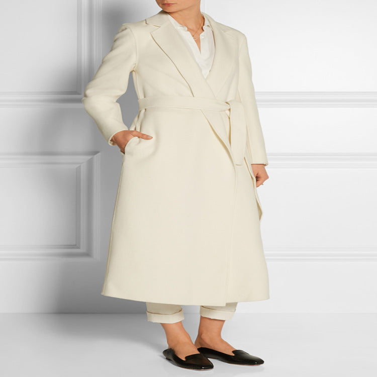 Damen Bodenlanger Wickel-Longcoat aus Woll-Kaschmirmix mit tailliertem Bindegürtel Nord Taschen