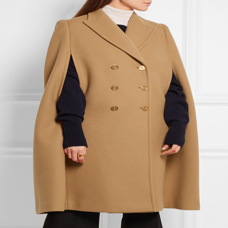 Damen taillierter Wollmix-Cape-Mantel mit verdeckten Armöffnungen und Zweireiher-Tailoring Nord Taschen