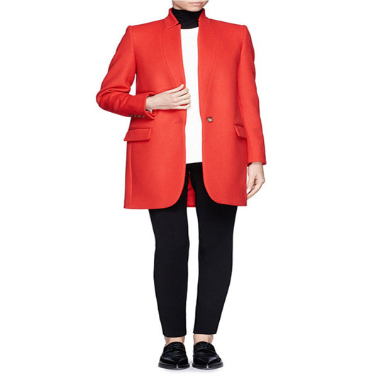 Damen Midilanger strukturiertes Longblazer‑Mantel mit schmalem Stehkragen und Pattentaschen Nord Taschen