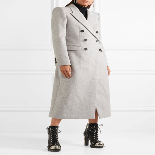 Damen Doppelreihiger Taillierter Wollmix‑Longcoat im schlanken Tailoring‑Stil Nord Taschen