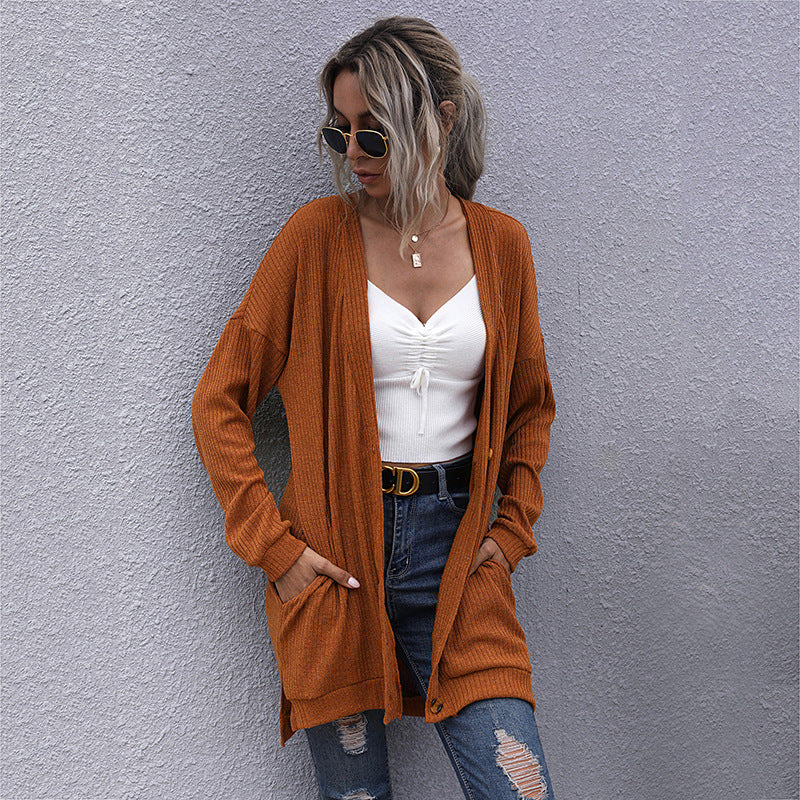 Damen Langer Oversize Strickcardigan mit Strukturstrick, offenen Taschen und lässigem Schnitt Nord Taschen