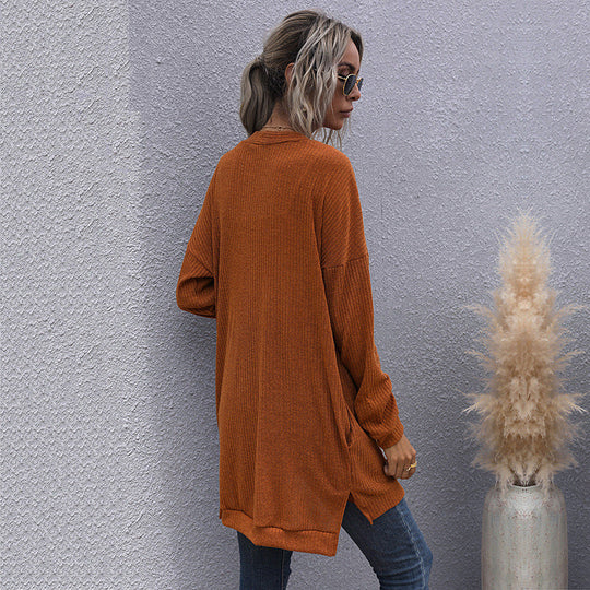 Damen Langer Oversize Strickcardigan mit Strukturstrick, offenen Taschen und lässigem Schnitt Nord Taschen
