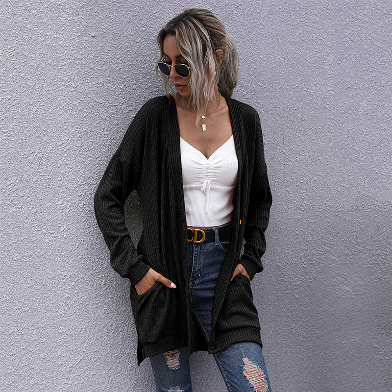 Damen Langer Oversize Strickcardigan mit Strukturstrick, offenen Taschen und lässigem Schnitt Nord Taschen