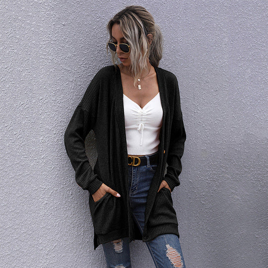 Damen Langer Oversize Strickcardigan mit Strukturstrick, offenen Taschen und lässigem Schnitt Nord Taschen