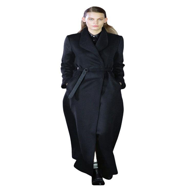 Damen Maxilanger taillierter Wickel-Longcoat mit Schalkragen und feinem Bindegürtel Nord Taschen