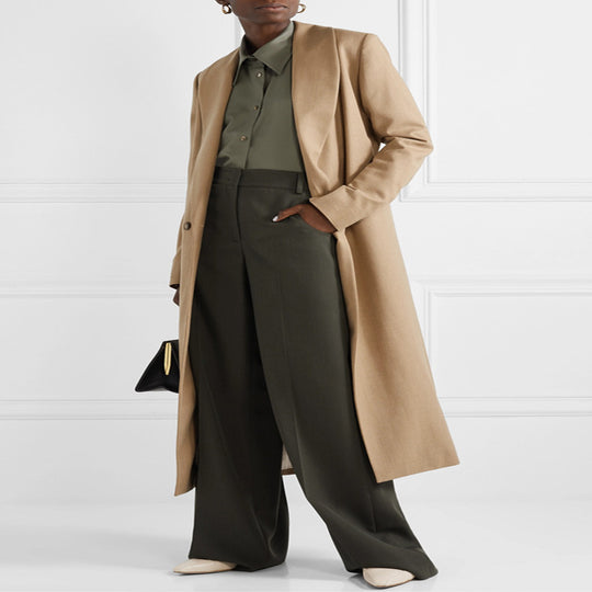 Damen Maxilanger minimalistischer Einreihiger Wollmix-Longcoat mit offenem Schalkragen Nord Taschen