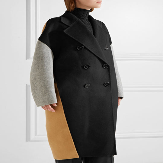 Damen Oversize Zweireihiger Farbblock-Wollmixmantel mit kontrastierenden Ärmeln Nord Taschen