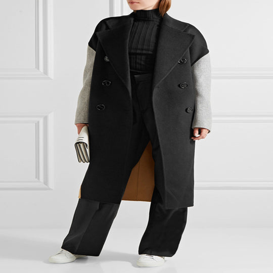 Damen Oversize Zweireihiger Farbblock-Wollmixmantel mit kontrastierenden Ärmeln Nord Taschen