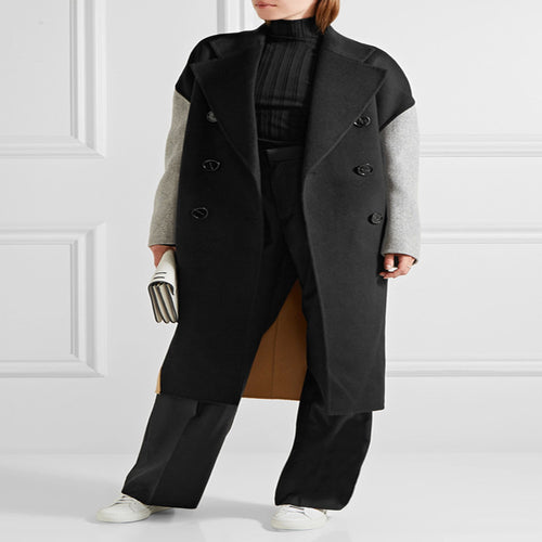 Damen Oversize Zweireihiger Farbblock-Wollmixmantel mit kontrastierenden Ärmeln Nord Taschen