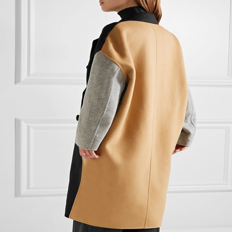 Damen Oversize Zweireihiger Farbblock-Wollmixmantel mit kontrastierenden Ärmeln Nord Taschen