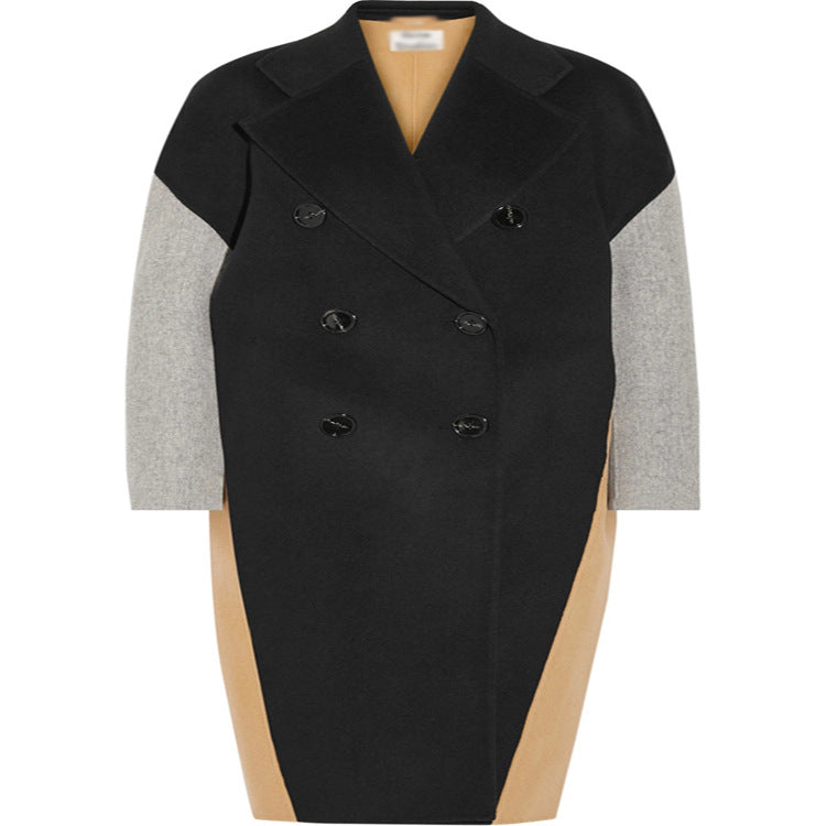 Damen Oversize Zweireihiger Farbblock-Wollmixmantel mit kontrastierenden Ärmeln Nord Taschen