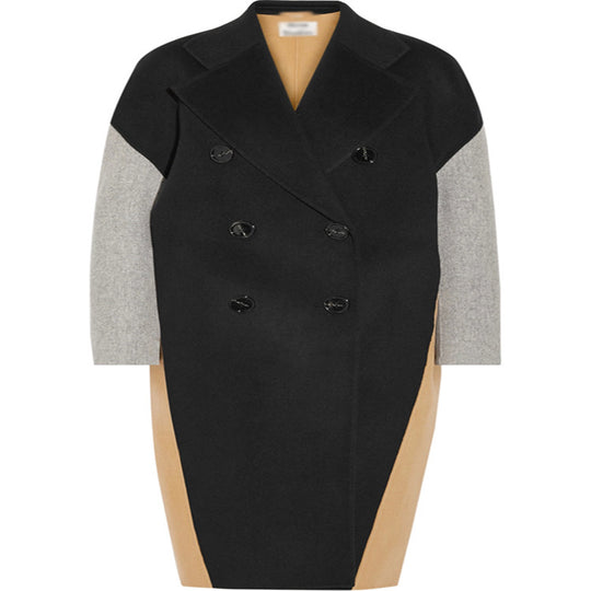 Damen Oversize Zweireihiger Farbblock-Wollmixmantel mit kontrastierenden Ärmeln Nord Taschen
