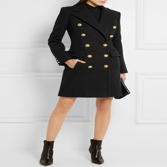 Damen Wollmix‑Longcoat im Marine‑Tailoring mit konturierter Taillierung und goldenen Zierrundknöpfen Nord Taschen