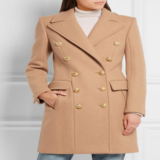 Damen Wollmix‑Longcoat im Marine‑Tailoring mit konturierter Taillierung und goldenen Zierrundknöpfen Nord Taschen