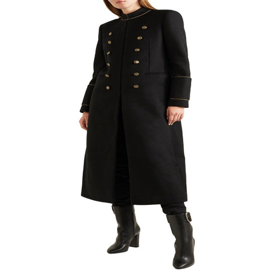 Damen Langer Militärischer Wollmantel mit goldenen Zierknöpfen und Stehkragen Nord Taschen