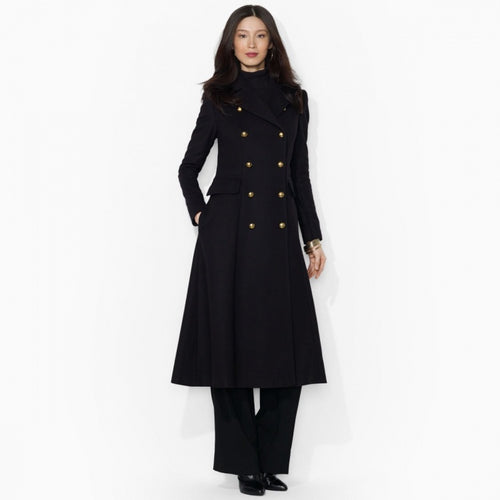 Damen Figurbetonter Maxilanger Mantel im ausgestellten A‑Linien‑Tailoring mit goldenen Zierknöpfen Nord Taschen