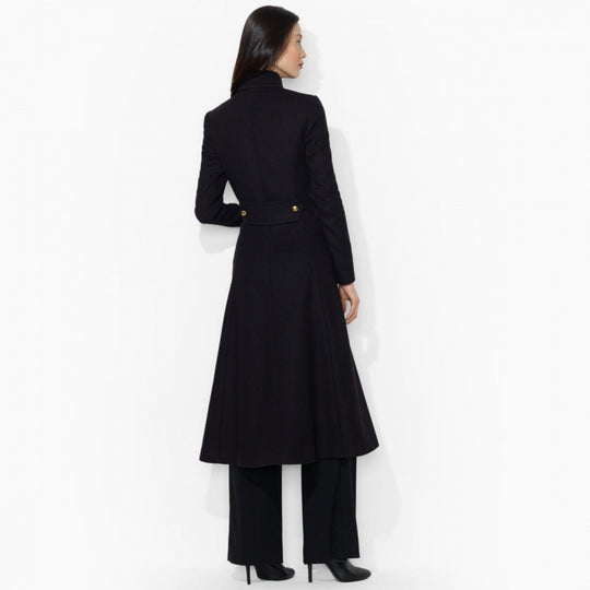 Damen Figurbetonter Maxilanger Mantel im ausgestellten A‑Linien‑Tailoring mit goldenen Zierknöpfen Nord Taschen