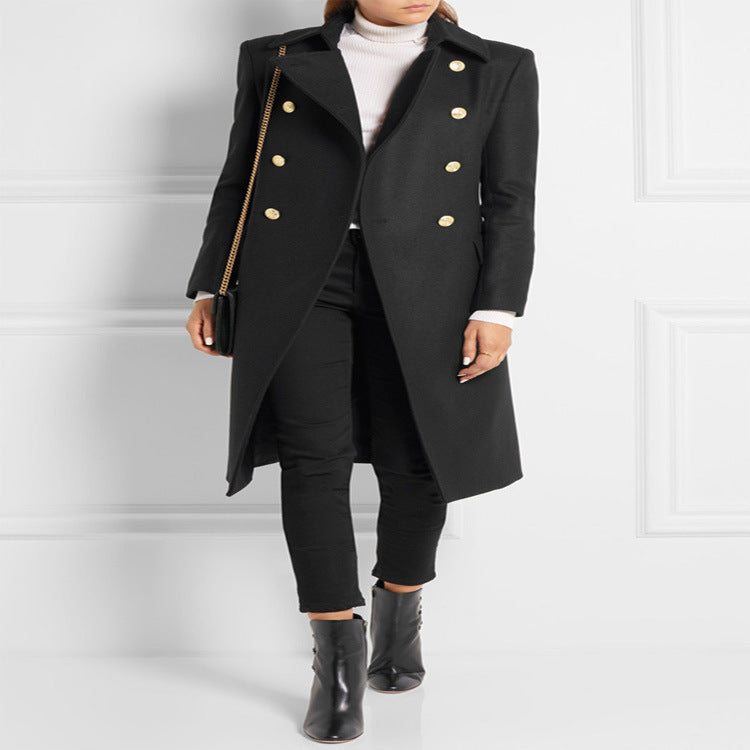 Damen Asymmetrischer Midilanger Wollmix-Mantel mit doppeltreihiger Knopfleiste und goldenen Zierknöpfen Nord Taschen
