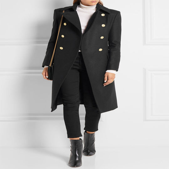 Damen Asymmetrischer Midilanger Wollmix-Mantel mit doppeltreihiger Knopfleiste und goldenen Zierknöpfen Nord Taschen