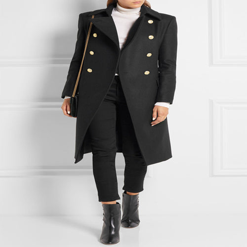 Damen Asymmetrischer Midilanger Wollmix-Mantel mit doppeltreihiger Knopfleiste und goldenen Zierknöpfen Nord Taschen