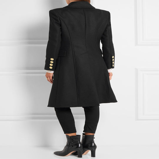 Damen Asymmetrischer Midilanger Wollmix-Mantel mit doppeltreihiger Knopfleiste und goldenen Zierknöpfen Nord Taschen