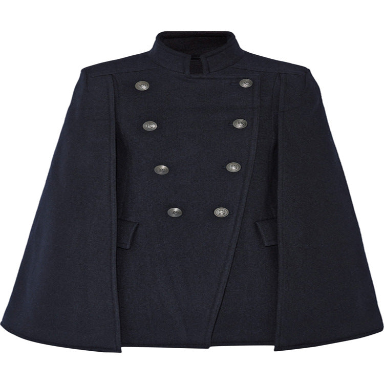 Damen Kurzer Cape-Mantel im Military‑Stil mit Doppelreihe und Stehkragen Nord Taschen