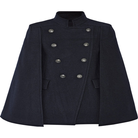 Damen Kurzer Cape-Mantel im Military‑Stil mit Doppelreihe und Stehkragen Nord Taschen