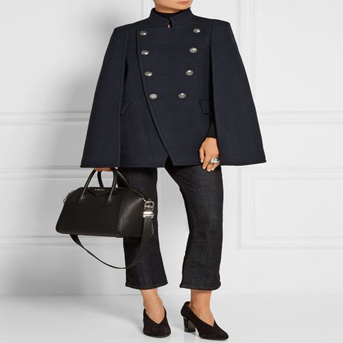 Damen Kurzer Cape-Mantel im Military‑Stil mit Doppelreihe und Stehkragen Nord Taschen