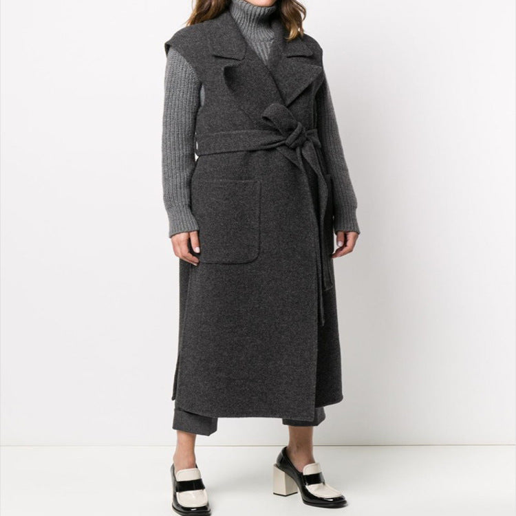 Damen Maxilanger ärmelloser Wollmix-Mantel mit weitem Schalkragen und Bindegürtel Nord Taschen