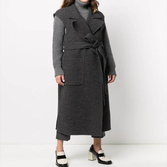 Damen Maxilanger ärmelloser Wollmix-Mantel mit weitem Schalkragen und Bindegürtel Nord Taschen