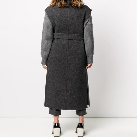 Damen Maxilanger ärmelloser Wollmix-Mantel mit weitem Schalkragen und Bindegürtel Nord Taschen
