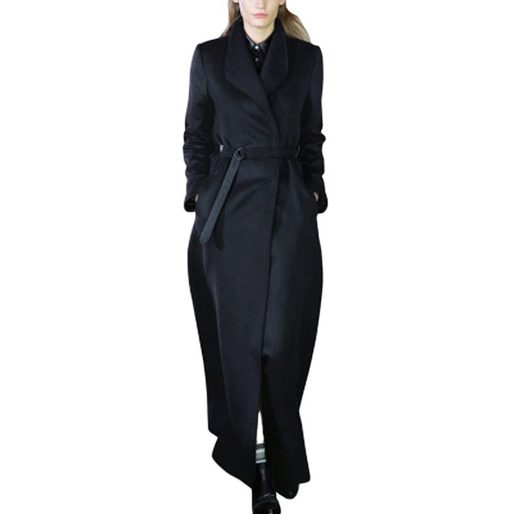 Damen Maxilanger taillierter Wickel-Longcoat mit Schalkragen und feinem Bindegürtel Nord Taschen