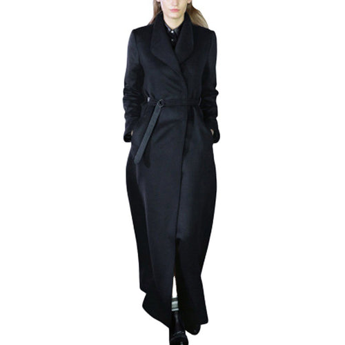 Damen Maxilanger taillierter Wickel-Longcoat mit Schalkragen und feinem Bindegürtel Nord Taschen