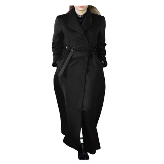 Damen Maxilanger taillierter Wickel-Longcoat mit Schalkragen und feinem Bindegürtel Nord Taschen