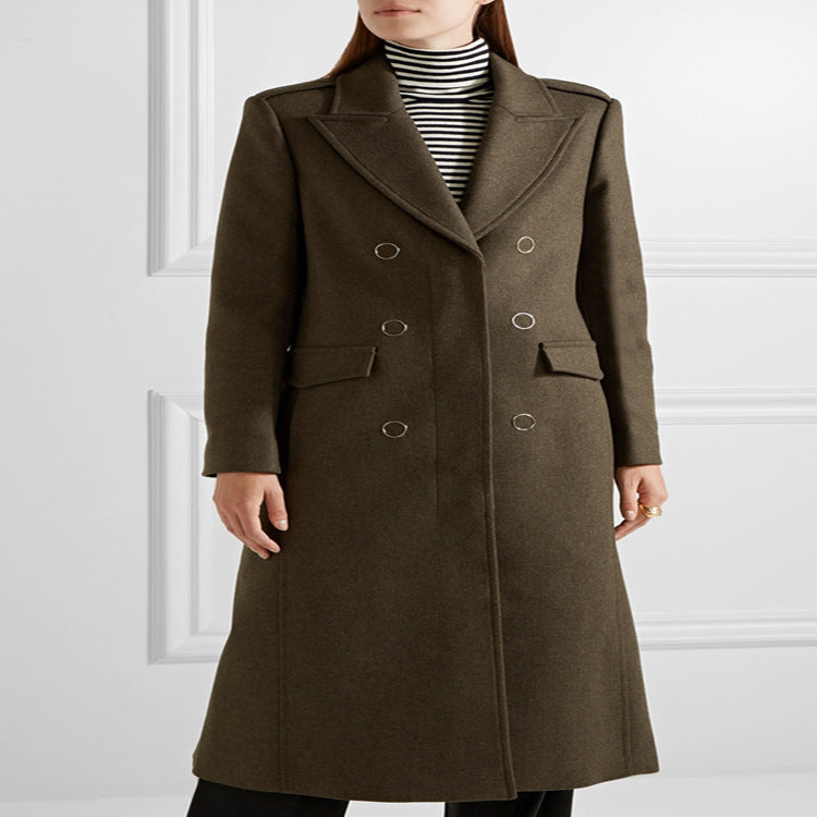 Damen doppelreihiger taillierter Wollmantel mit Reverskragen und Pattentaschen Nord Taschen