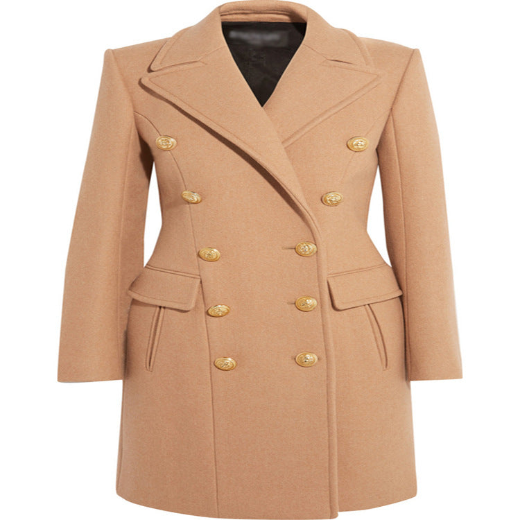 Damen Wollmix‑Longcoat im Marine‑Tailoring mit konturierter Taillierung und goldenen Zierrundknöpfen Nord Taschen