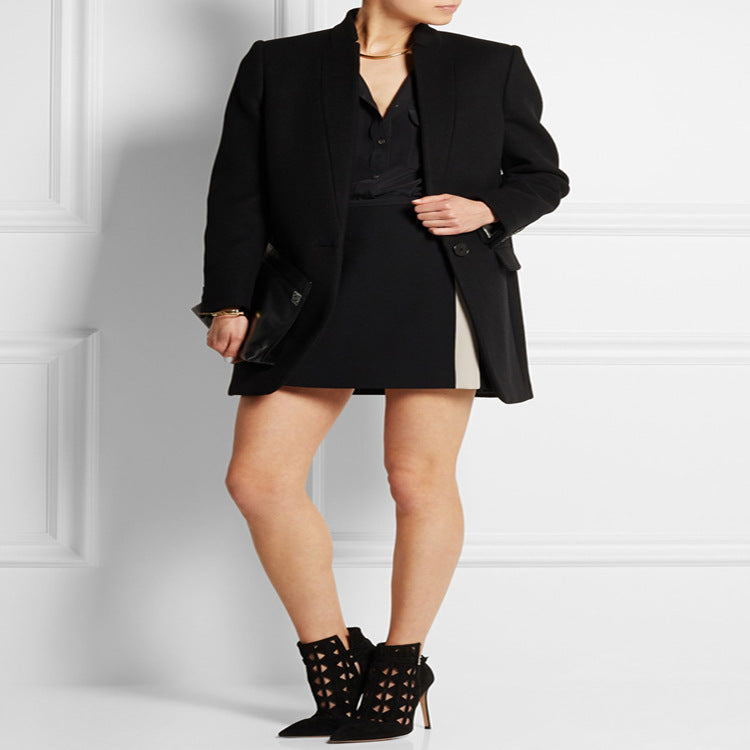 Damen Midilanger strukturiertes Longblazer‑Mantel mit schmalem Stehkragen und Pattentaschen Nord Taschen