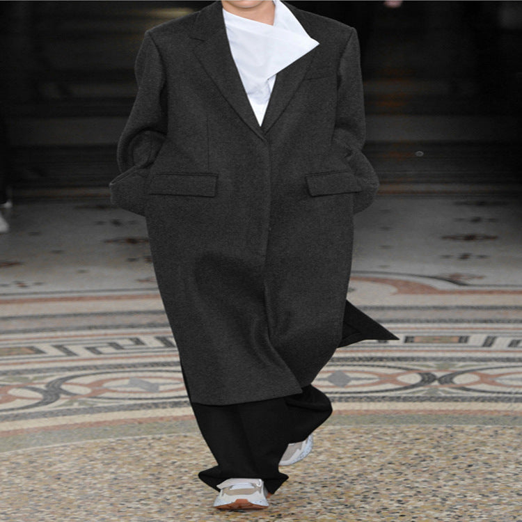 Damen Oversize Einreihiger Maxilanger Wollmix-Longcoat mit relaxter Schulter und Pattentaschen Nord Taschen