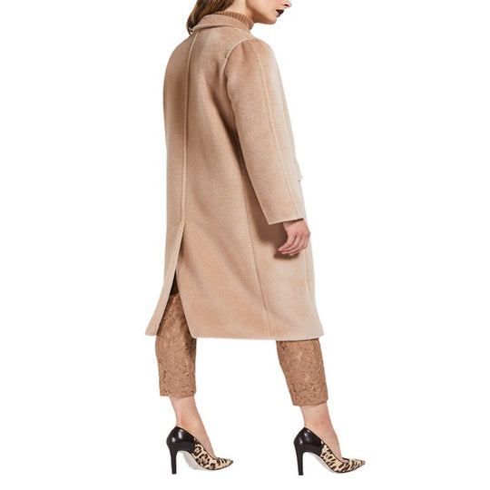 Damen Midilanger Teddy‑Wollmix‑Mantel mit Doppelreihe, Pattentaschen und weichfallendem Revers Nord Taschen