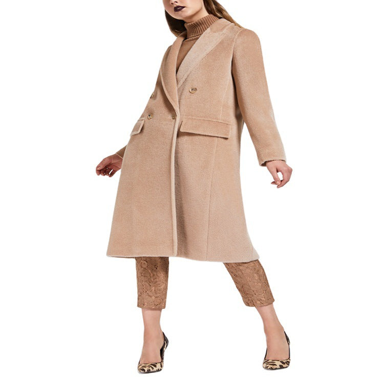 Damen Midilanger Teddy‑Wollmix‑Mantel mit Doppelreihe, Pattentaschen und weichfallendem Revers Nord Taschen