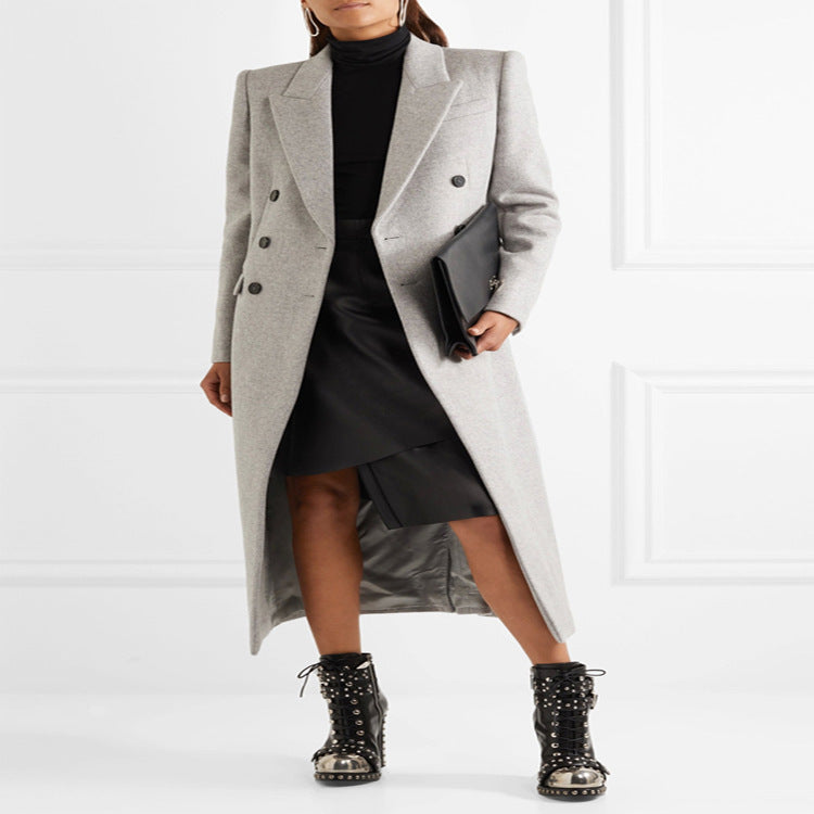 Damen Doppelreihiger Taillierter Wollmix‑Longcoat im schlanken Tailoring‑Stil Nord Taschen