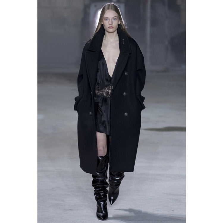 Damen Oversize Zweireihiger Longcoat mit weitem Schalkragen und relaxed Tailoring Nord Taschen