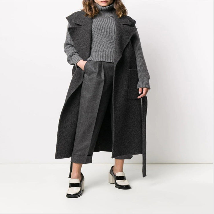 Damen Maxilanger ärmelloser Wollmix-Mantel mit weitem Schalkragen und Bindegürtel Nord Taschen